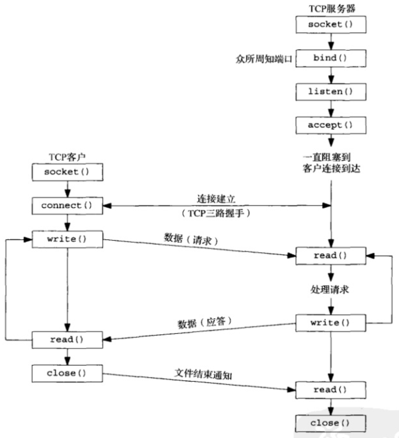 socket编程接口调用关系示意图